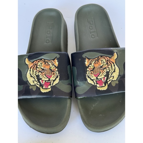 Polo Ralph Lauren Size 11 Green Tiger Slides - Picture 1 of 6